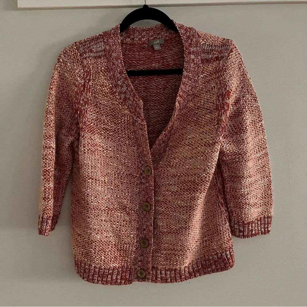 J Jill Marled Knit Linen Silk Cardigan Sweater Red Womens Large Comfy Soft Warm